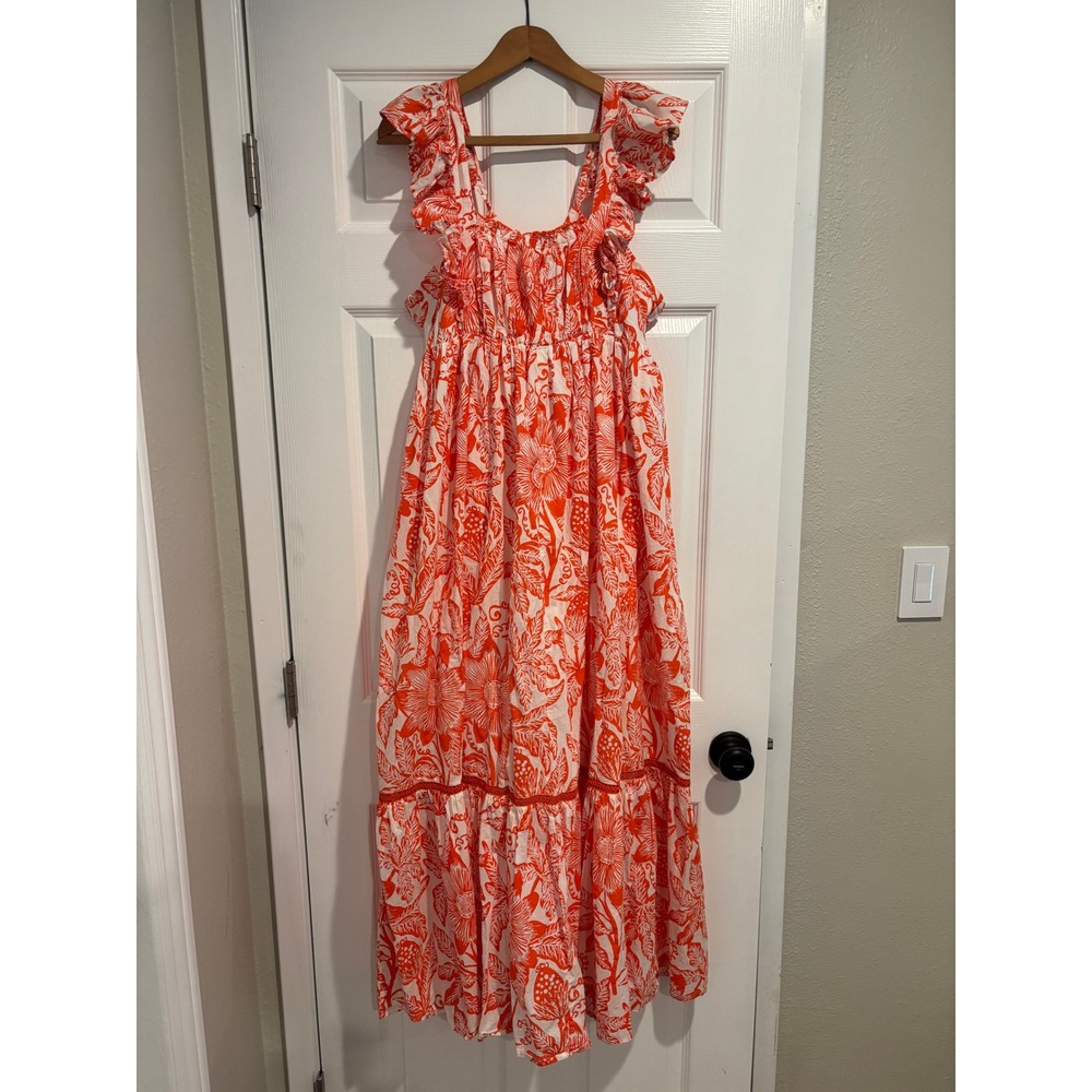 Ro's Garden Orange Floral Block-Print Tiered Maxi Dress Size M Anthropologie - Picture 3 of 7